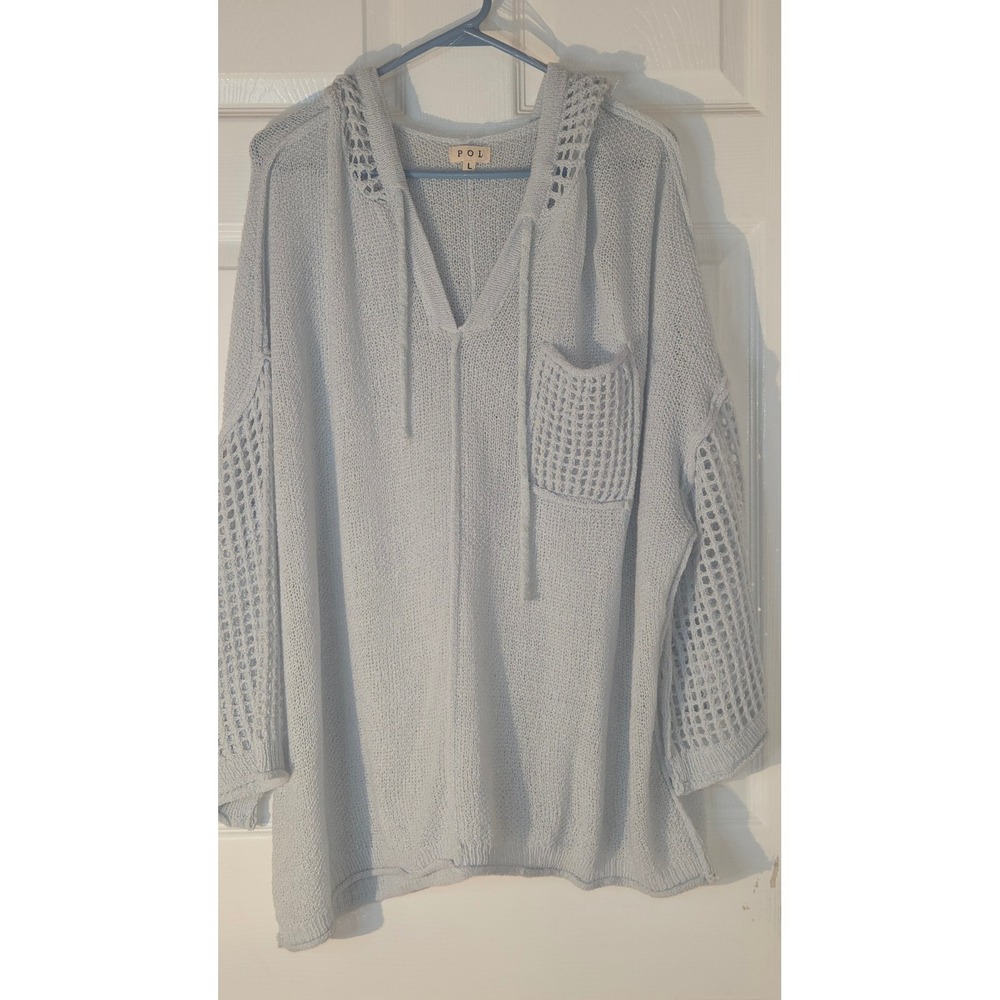 POL Light Blue Crochet Knit Hoodie Sweater Oversized V-Neck MST293 Large